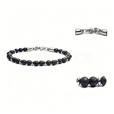 Natural Lava Rock Round Beaded Bracelets with 304 Stainless Steel Clasps WG47F3F-04-1