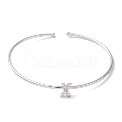Rack Plating Brass Micro Pave Clear Cubic Zirconia Letter Open Cuff Bangles BJEW-A018-01P-X-1