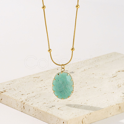 Natural Amazonite Faceted Oval Pendant 304 Stainless Steel Satellite Chain Necklaces for Women WG6F64C-01-1