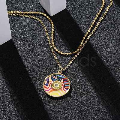 304 Stainless Steel & Plastic Colorful Flat Round Pendant Double Layer Necklaces for Women NJEW-U032-05G-1