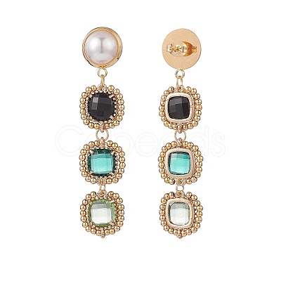 Glass Rectangle Beaded Long Dangle Stud Earrings with Imitation Pearl EJEW-TA00141-01-1