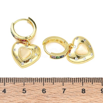 Brass Micro Pave Cubic Zirconia and Cat Eye Beads Heart Hoop Dangle Earrings KK-CBAD9DF-01G-A-1