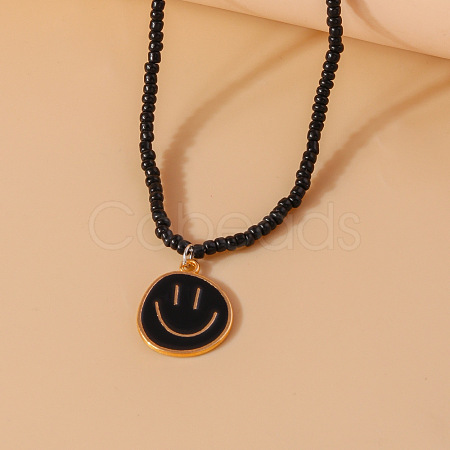 Alloy Enamel Smiling Face Pendant Glass Seed Beaded Necklaces for Women FS-WGD322E-04-1