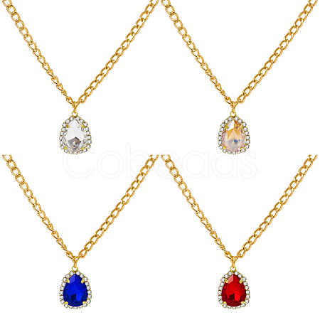 4Pcs 4 Colors Brass Rhinestone Teardrop Pendant Aluminum Chain Necklaces for Women NJEW-HY0001-33-1