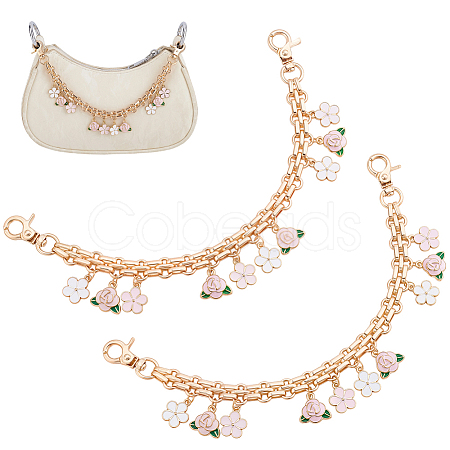 2Pcs Alloy Pink and White Enamel Flower Tassel Bag Decorative Chains AJEW-BBC0001-05-1