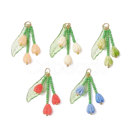 Glass Seed Beaded Magnolia Flower Pendants PALLOY-MZ01112-1