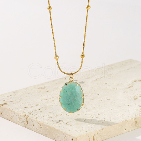 Natural Amazonite Faceted Oval Pendant 304 Stainless Steel Satellite Chain Necklaces for Women WG6F64C-01-1