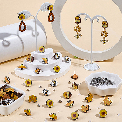 60Pcs 5 Styles Bee Theme Wooden Stud Earrings FIND-SC0020-61-1