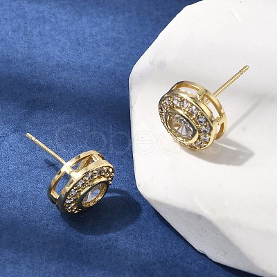 Flat Round Brass Micro Pave Clear Cubic Zirconia Stud Earrings EJEW-H180-13G-1