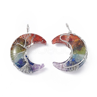 7 Chakra Natural Mixed Stone Chip Copper Wire Wrapped Big Pendants G-F733-03A-1