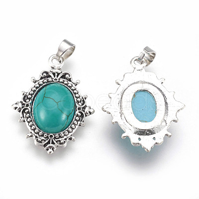 Oval Antique Silver Plated Alloy Synthetic Turquoise Pendants PALLOY-J502B-03AS-1