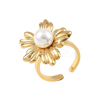 304 Stainless Steel & Plastic Pearl Cuff Open Rings for Women RJEW-G376-03G-1