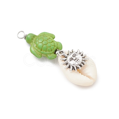 5Pcs 5 Styles Natural Cowrie Shell & Dyed Synthetic Turquoise Turtle Copper Wire Wrapped Pendants PALLOY-JF04034-01-1