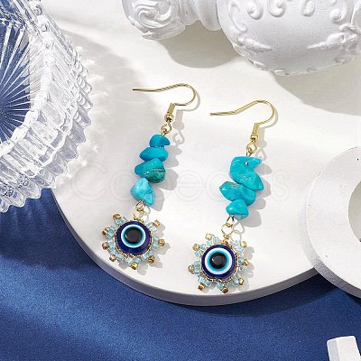 Evil Eye Synthetic Turquoise Chip & Seed Beads Dangle Earrings EJEW-MZ00166-05-1