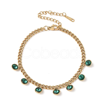 304 Stainless Steel Rhinestone Flat Round Charm Bracelets BJEW-V011-01G-06-1