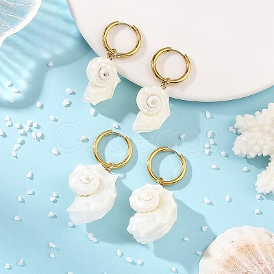 Natural Sea Shell Dangle Hoop Earrings EJEW-JE07355-1