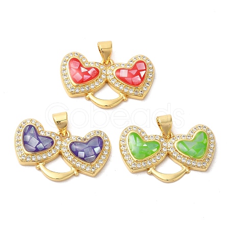 Double Heart Brass Micro Pave Cubic Zirconia Pendants KK-K385-046G-1