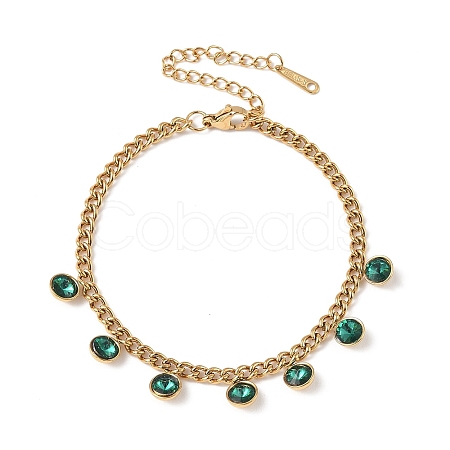 304 Stainless Steel Rhinestone Flat Round Charm Bracelets BJEW-V011-01G-06-1