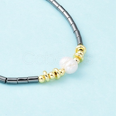 Synthetic Hematite & Natural Pearl Beaded Necklace NJEW-M201-02B-1