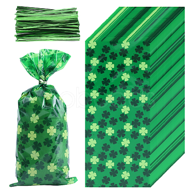 Rectangle Shamrock Clover Print Plastic Cookies Packing Pouches ABAG-WH0038-35A-1