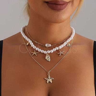 Summer Beach Alloy Starfish Pendant Shell & Imitation Pearl Beaded 3 Layer Necklaces for Women FS-WGA3F17-01-1