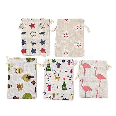 10Pcs 5 Styles Printed Polycotton(Polyester Cotton) Packing Pouches Drawstring Bags ABAG-YW0001-04-1