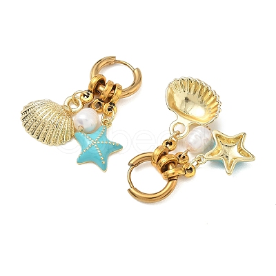 Starfish with Shell Charm 202 Stainless Steel Dangle Hoop Earrings EJEW-JE07063-1