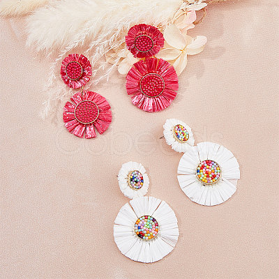 2 Pairs 2 Style Raffia Flower Dangle Stud Earrings EJEW-FI0003-23-1