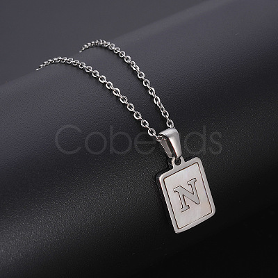 Rectangle Stainless Steel Pave Natural White Shell Pendant Necklaces FS-WG3D812-14-1