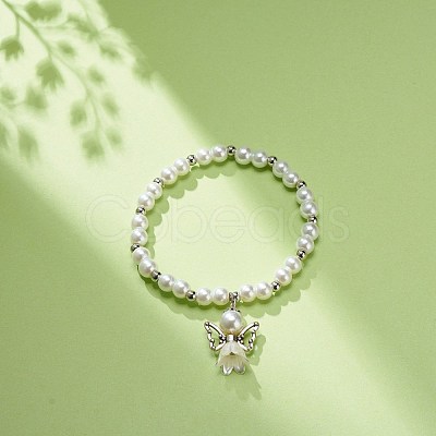 Glass & Plastic Imitation Pearl Beaded Stretch Bracelet with Alloy Fairy Charm for Women BJEW-JB08704-1