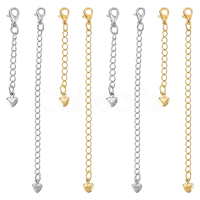 8Pcs 4 Styles Brass Chain Extender with Heart Charms and Lobster Claw Clasp FIND-ME0002-41-1