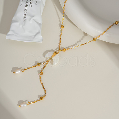 Nutural White Shell Moon Pendant 304 Stainless Steel Chain Necklaces with Natural Freshwater Pearl Tassel GK3371-1