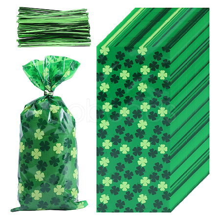 Rectangle Shamrock Clover Print Plastic Cookies Packing Pouches ABAG-WH0038-35A-1