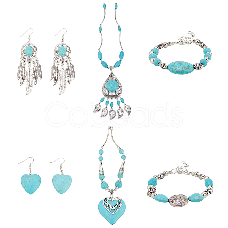 ANATTASOUL Natural & Synthetic Turquoise Heart Pendant Necklaces & Beaded Bracelets & Feather Chandellier Earrings SJEW-AN0001-45-1