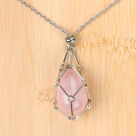 Natural Rose Quartz Easter Egg Cage Pendant 304 Stainless Steel Cable Chain Necklaces FS-WGA333C-06-1