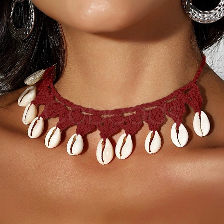 Bohemian Handmade Woven Polyester Cord Natural Cowrie Shell Tassel Choker Necklaces for Women FS-WGB5F2D-12-1