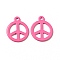 Spray Painted 201 Stainless Steel Pendants, Flat Round with Peace Sign Charm, Hot Pink, 15x12.5x1mm, Hole: 1.4mm