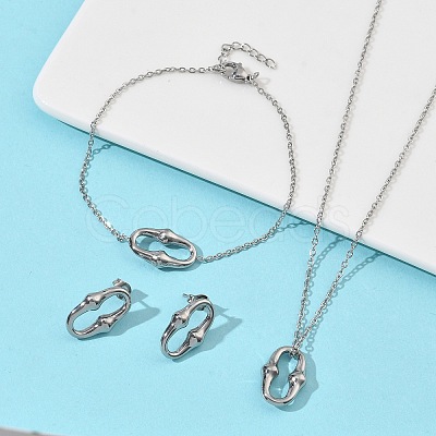 Oval 304 Stainless Steel  Pendant Necklacrs & Stud Earring & Link Bracelet Sets SJEW-C009-01P-1