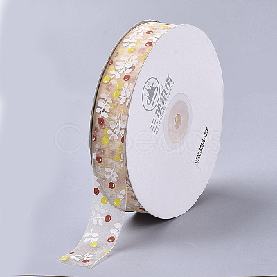 Flower Pattern Printed Polyester Organza Ribbons ORIB-Q034-03-1