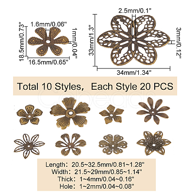200Pcs 10 Style Iron Bead Caps IFIN-PH0005-15AB-1