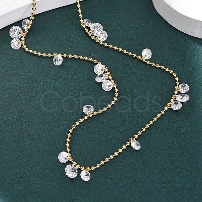 304 Stainless Steel Ball Chain Colorful Cubic Zirconia Flat Round Tassel Necklaces for Women LS-NJEW-A051-03G-02-1