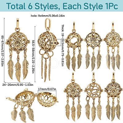 6Pcs 6 Styles Hollow Brass Bead Cage Big Pendants FIND-SC0014-10AB-1