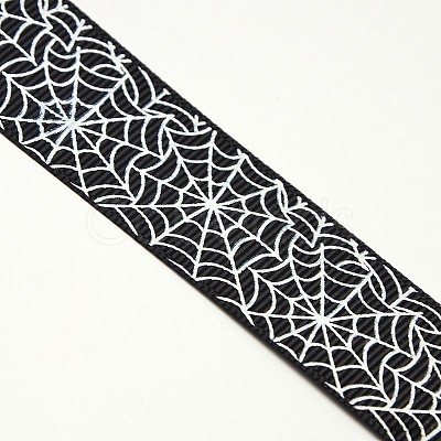 Halloween Ornaments Spider Web Pattern Printed Grosgrain Ribbons SRIB-L005-25mm-02-1