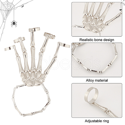 ANATTASOUL Siam Rhinestone Skull Wide Dome & Eagle Claw & Finger Nail Tip Claw Rings & Skeleton Full Hand Ring Bracelet AJEW-AN0007-07-1