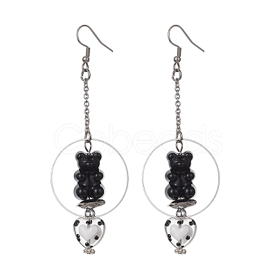 Acrylic Bear & Lampwork Heart Dangle Earrings EJEW-JE05416-01-1