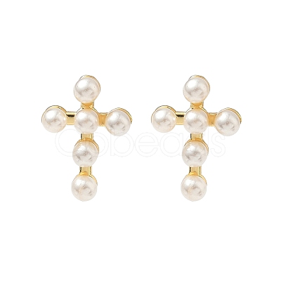 Cross Brass Stud Earrings EJEW-A132-01G-1