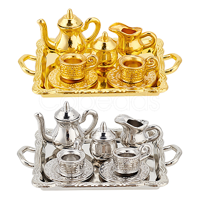 2 Sets 2 Colors Alloy Teacup & Saucer & Teapot Set AJEW-GO0001-72-1