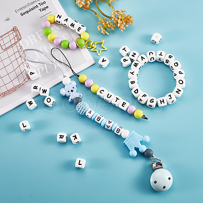 20Pcs White Cube Letter Silicone Beads SIL-YWC0003-06C-1