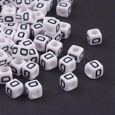 White Letter D Cube Acrylic Beads X-PL37C9308-D-1