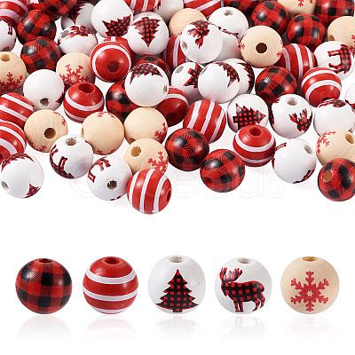 100Pcs 5 Style Christmas Themed Dyed Natural Wooden Beads WOOD-BT0001-07-1